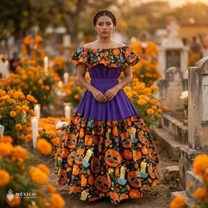 Mexican Dress Set Single Circle Skirt - Day Of The Dead & Noche De Muertos
